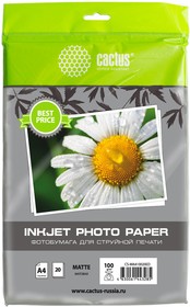 Фото 1/2 Фотобумага Cactus CS-MA410020ED A4/100г/м2/20л./белый матовое для струйной печати