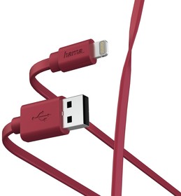Фото 1/2 Кабель HAMA Lightning (m) - USB (m), 1м, MFI, плоский, красный [00187233]