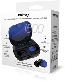 Фото 1/6 Внутриканальная TWS Bluetooth-гарнитура Smartbuy i500,Touch, пауэрбанк 2800мАч, черн-синяя(SBH-3022)