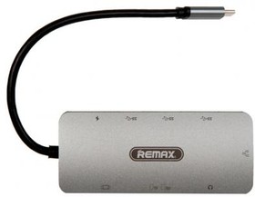 Фото 1/2 (6954851226055) переходник REMAX RU-U91 Type-C адаптер (HDMI+USB3.0+RJ45+PD, SD, TF, 3.5mm), серый