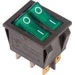 36-2412, Выключатель клавишный 250V 15А (6с) ON-OFF зеленый с подсветкой ДВОЙНОЙ (RWB-511, SC-797)