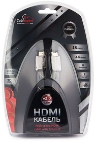 Кабель HDMI Cablexpert, серия Platinum, 1,8 м, v2.0, M/M, плоский, позол.разъемы, металлический корпус, нейлоновая оплетка, блистер