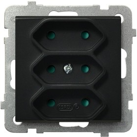 Ospel Sonata Черный металлик Розетка 3-я (в одну коробку) для узких вилок б/з EUROсо шторками, без рамки