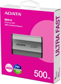 Фото 1/5 SD810-500G-CSG, Твердотельный диск 500GB A-DATA SD810, External, USB 3.2 Type-C, [R/W -2000/2000 MB/s] серый