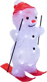Фото 1/7 513-325, Акриловая светодиодная фигура Снеговик на лыжах 16х20х29 см, 30 светодиодов, батарейки 3хАА (не вход