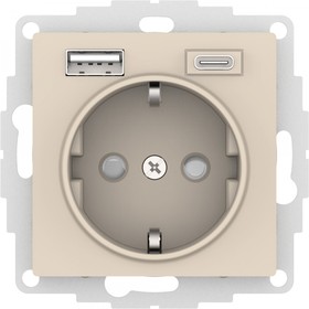 Фото 1/2 Systeme Electric AtlasDesign Бежевый Розетка 16А с USB A+C (5В/2,4А/3 А, 2х5В/1,5А), мех