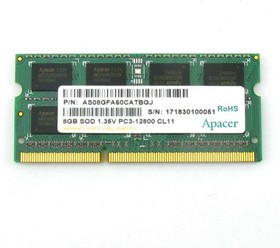 Оперативная память Apacer DDR3 8GB 1600MHz SO-DIMM (PC3-12800) CL11 1.35V (Retail) 512*8 3 years (AS08GFA60CATBGJ/ DV.08G2K.KAM)