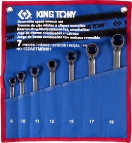 122A07MRN01, KING TONY Набор комбинированных трещоточных ключей, 8-19 мм, чехол из теторона, 7 предметов