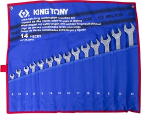 12A4MRN, KING TONY Набор комбинированных удлиненных ключей, 8-24 мм, чехол из теторона, 14 предметов