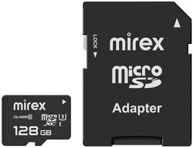 13613-AD3UH128, Флеш карта microSD 128GB Mirex microSDXC Class 10 UHS-I U3 (SD адаптер)