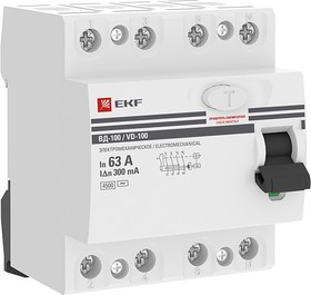 Фото 1/7 Выключатель дифференциального тока (УЗО) 4п 63А 300мА тип AC ВД-100 (электромех.) PROxima EKF elcb-4-63-300-em-pro