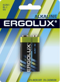 Фото 1/2 Ergolux..6LR61 Alkaline BL-1 (6LR61 BL-1, батарейка крона 9В)