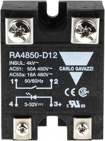 Фото 1/6 RA4850-D12, RA 48 Series Solid State Relay, 50 A Load, Panel Mount, 530 V ac Load, 32 V dc Control