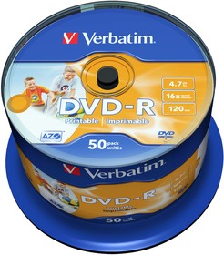 Фото 1/3 Диск DVD-R Verbatim 4.7Gb 16x Cake Box (50шт) Printable (43533)