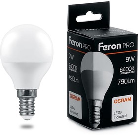 Фото 1/2 38079, Лампа светодиодная LED 9вт Е14 дневной матовый шар Feron.PRO