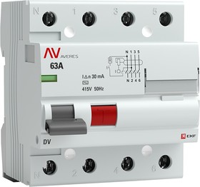Фото 1/8 Выключатель дифференциального тока (УЗО) 4п 63А 30мА тип AC DV AVERES EKF rccb-4-63-30-ac-av
