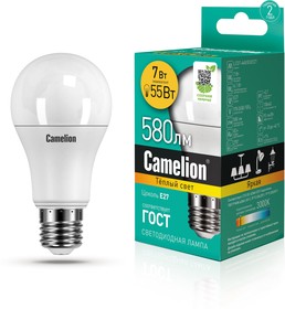 Фото 1/2 Camelion LED7-A60/830/E27 (Эл.лампа светодиодная 7Вт 220В)