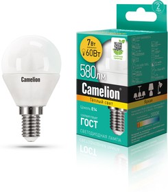 Фото 1/2 Camelion LED7-G45/830/E14 (Эл.лампа светодиодная 7Вт 220В)