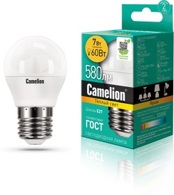 Фото 1/2 Camelion LED7-G45/830/E27 (Эл.лампа светодиодная 7Вт 220В)