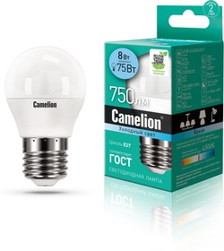 Фото 1/2 Camelion LED8-G45/845/E27 (Эл.лампа светодиодная 8Вт 220В)