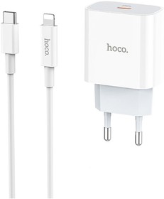 Фото 1/8 Блок питания (сетевой адаптер) HOCO C76A Plus Speed source 1xUSB-C, 3А, PD20W, QC3.0 + USB-C кабель Lightning 8-pin, 1м белый