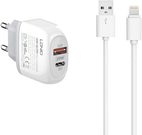 Блок питания (сетевой адаптер) LDNIO PD + QC 3.0 выходы 20W с кабелем USB Apple 8-pin A2316C (белый)