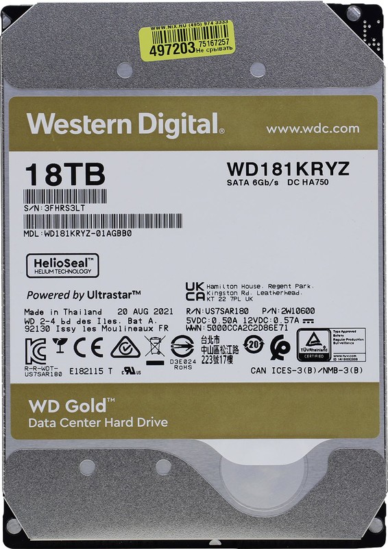 18ТБ Жесткий диск WD Gold WD181KRYZ, SATA III, 3.5