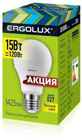 Фото 1/8 14308, Лампа светодиодная Ergolux LED-A60-15W-E27-3K ЛОН