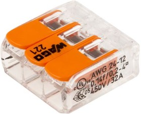 221-413, 221 Terminal Block Connector, 3 Way/Pole, Spring Cage Terminals, 24 ? 12 AWG Cable Mount, 450 V