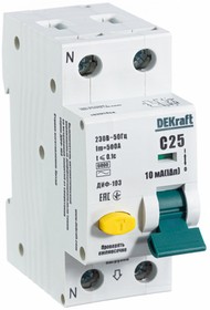 Фото 1/2 Выключатель автоматический дифференциального тока 2п (1P+N) C 25А 10мА тип AC ДИФ-103 6кА DEKraft 16201DEK