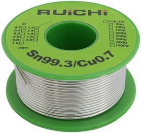 Sn99.3/Cu0.7 d1.2mm 50g, Припой оловянно-медный , Sn 99.3%/Cu 0.7%, бессвинцовый, диаметр 1.2 мм, 50 г, с флюсом, RUICHI | купить в розницу и оптом