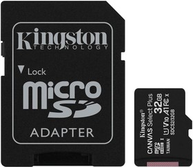 Фото 1/10 SDCS2/64GB, Карта памяти MicroSDXC 64ГБ Kingston Class 10 Canvas Select Plus A1 (100 Mb/s) + SD адаптер