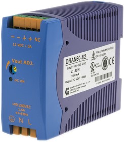 DRAN60-12, DRAN60 Switched Mode DIN Rail Power Supply, 85 → 264V ac ac Input, 12V dc dc Output, 5A Output, 60W