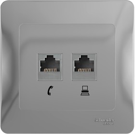 Фото 1/3 Розетка компьютерная + телефонная 2-м СП Glossa RJ45 + RJ11 кат.5E механизм алюм. SE GSL000385