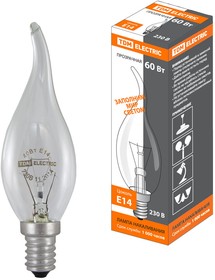 Лампа накаливания "Свеча на ветру" прозрачная 60 Вт-230 В-Е14 Упак. (100 шт.) TDM