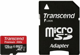 Фото 1/2 Карта памяти 128Gb MicroSD Transcend + SD адаптер (TS128GUSDU1)