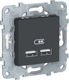 Фото 1/2 Schneider Electric Unica New Антрацит Розетка USB, двойная, 5 В / 2100 мА
