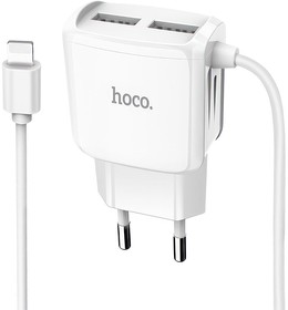 Фото 1/3 Зарядное устройство HOCO C59A Mega Joy 2xUSB, 2.4А, интегр кабель Lightning 8-pin, 1м (белый)