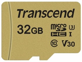 Фото 1/3 Карта памяти 32Gb MicroSD Transcend + SD адаптер (TS32GUSD500S)