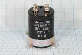 Фото 1/2 Конденсатор электролитический, емкость 1000мкФ, 450В, размер 51x90, номинальное отклонение 20, +85C, алюминий, выводы винт, KPS, JAMICON