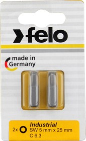 Фото 1/2 Felo Бита шестигранная 25мм серии Industrial 6 мм, 2шт на блистере 02460036