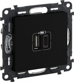 Legrand Valena LIFE Black. Зарядное устройство с двумя USB-разьемами тип А-тип С 240В/5В 3000мА. С лицевой панелью. Цвет Антрацит.