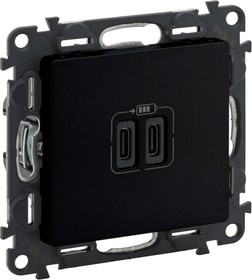 Legrand Valena LIFE Black. Зарядное устройство с двумя USB-разьемами тип C-тип С 240В/5В 3000мА. С лицевой панелью. Цвет Антрацит.