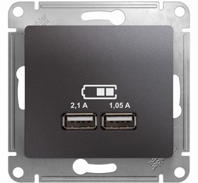 Фото 1/3 Розетка USB 2-м СП Glossa тип A+A 5В/2100мА 2х5В/1050мА механизм графит SE GSL001333