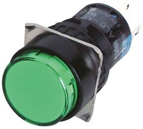 Фото 1/2 AL6M-A24-G, Illuminated Push Button Switch, Latching, Panel Mount, 16.2mm Cutout, DPDT, Green LED, 250V, IP40