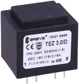 TEZ3.0/D230/18V TA40, Трансформатор: залитый, 3ВА, 230ВAC, 18В, 167мА, PCB, IP00, 120г