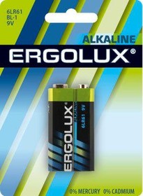 Фото 1/10 Батарейка Ergolux 6LR61 Alkaline BL-1 (6LR61 BL-1, батарейка,9В)