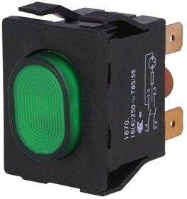 Фото 1/3 1670.5202, Illuminated Pushbutton Switch ON-OFF DPST LED 250 VAC Green None
