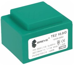TEZ10/D230/9V, Трансформатор: залитый, 10ВА, 230ВAC, 9В, 1111,1мА, PCB, IP00, 280г