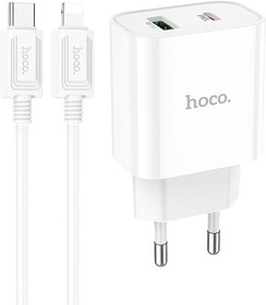 Фото 1/3 Зарядное устройство HOCO C80A Plus Rapido 1xUSB, 1xUSB-C, 3А, PD20W, QC3.0 + USB-C кабель Lightning